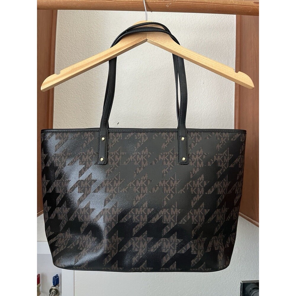 Michael Kors Brown Black Houndstooth Logo Tote Shoulder Strap Dust Bag Included